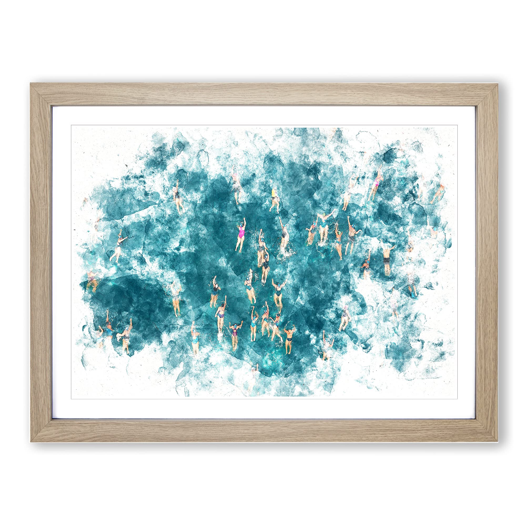 Swimmers Swimming Watercolour Modern Framed Wall Art Print, Ready to Hang Picture for Living Room Bedroom Home Office Décor, Oak A4 (34 x 25 cm)