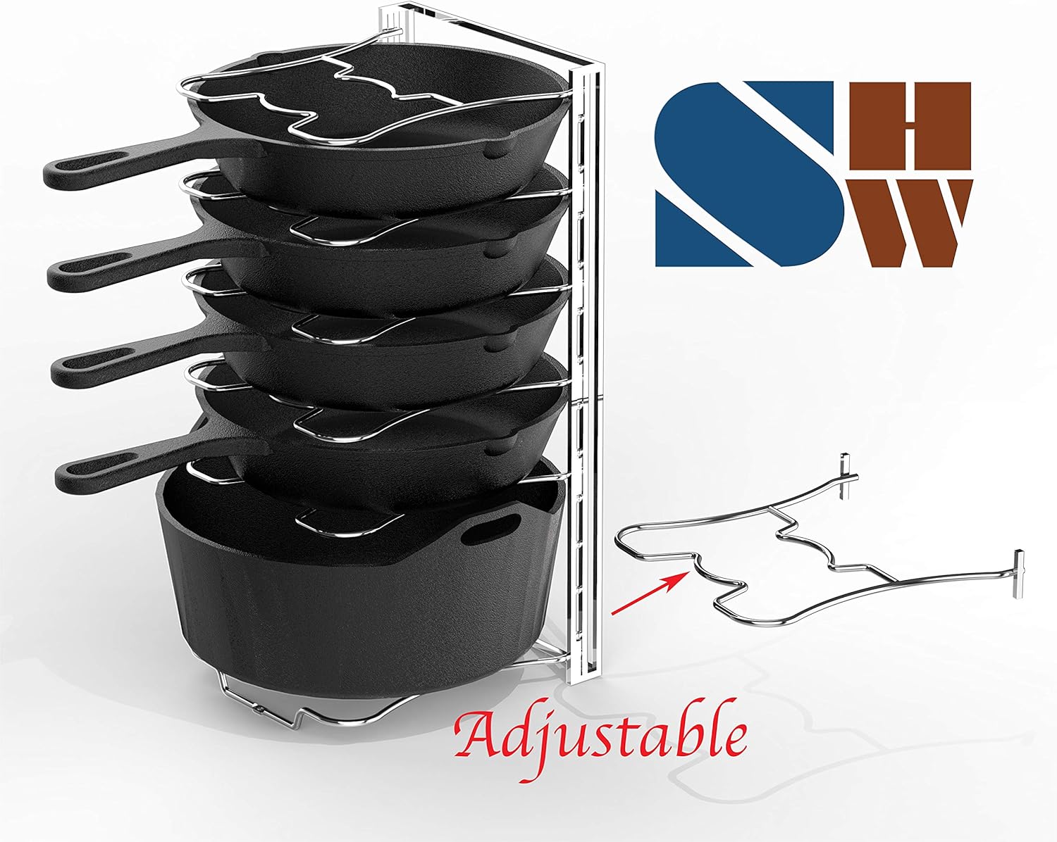 7 Adjustable Compartments Pan and Pot Lid Organizer Rack Holder, Chrome: Kitchen & Dining