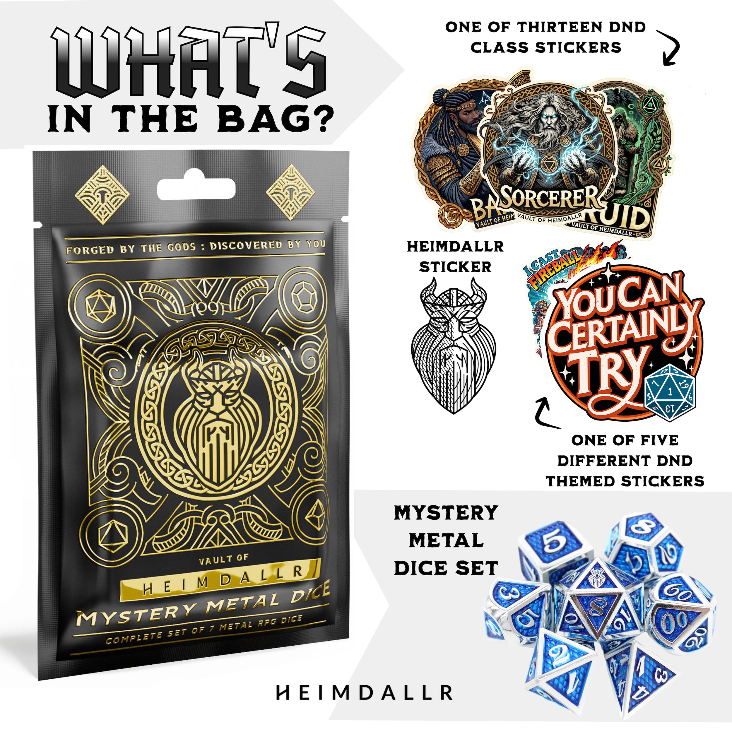 HEIMDALLR Mystery Metal DND Dice Set – 7pc Blind Bag with Random Class & Funny DND Stickers – Metal Role Playing Dice for Dungeons and Dragons – Gift for D&D Players, Great for New Characters