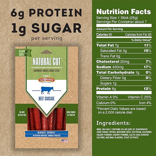 OLD WISCONSIN NATURAL CUT SNACK STICKS, BEEF, 6 OUNCE