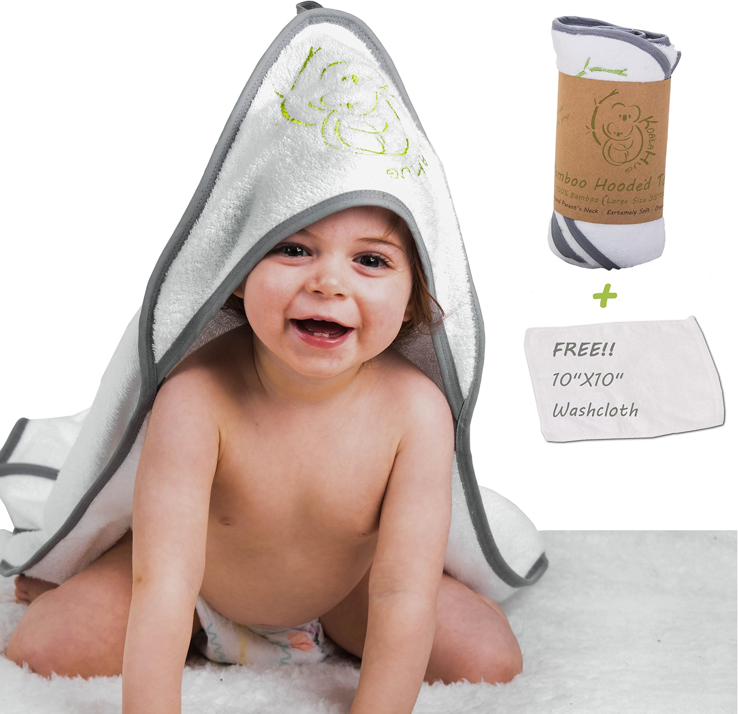 Bamboo Premium Baby Hooded Towel Washcloth Set | Ultra Soft Organic Bamboo | XL 35x35 Inches for Boys and Girls, Baby, Infant or Toddler by KoalaHug