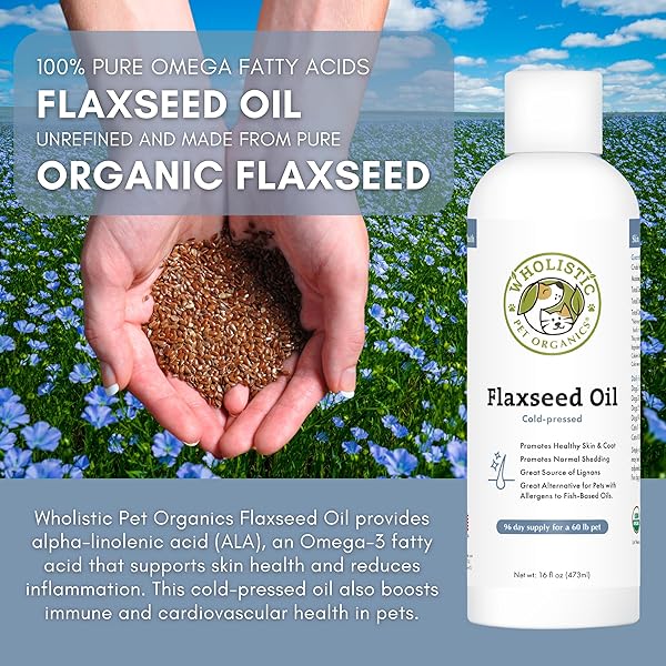 WHOLISTIC PET ORGANICS FLAXSEED OIL FOR DOGS – 16 OZ – OMEGA 3 SUPPLEMENT FOR DOG ITCHY SKIN, DRY SKIN RELIEF & SHEDDING – SKIN & COAT VITAMINS