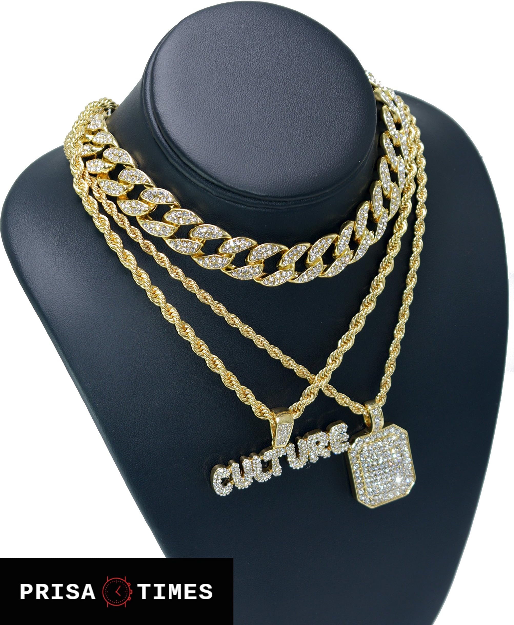 Prisa Times Iced Out Bubble Letter, 18" Miami Cuban Necklace and 24" Rope Dog Tag Necklace Set