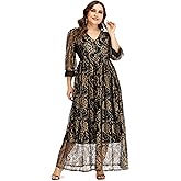 Jhichic Women's Plus Size Guipure Lace Overlay Maxi Dress Empire Waist 3/4 Sleeve Evening Party Dresses Formal