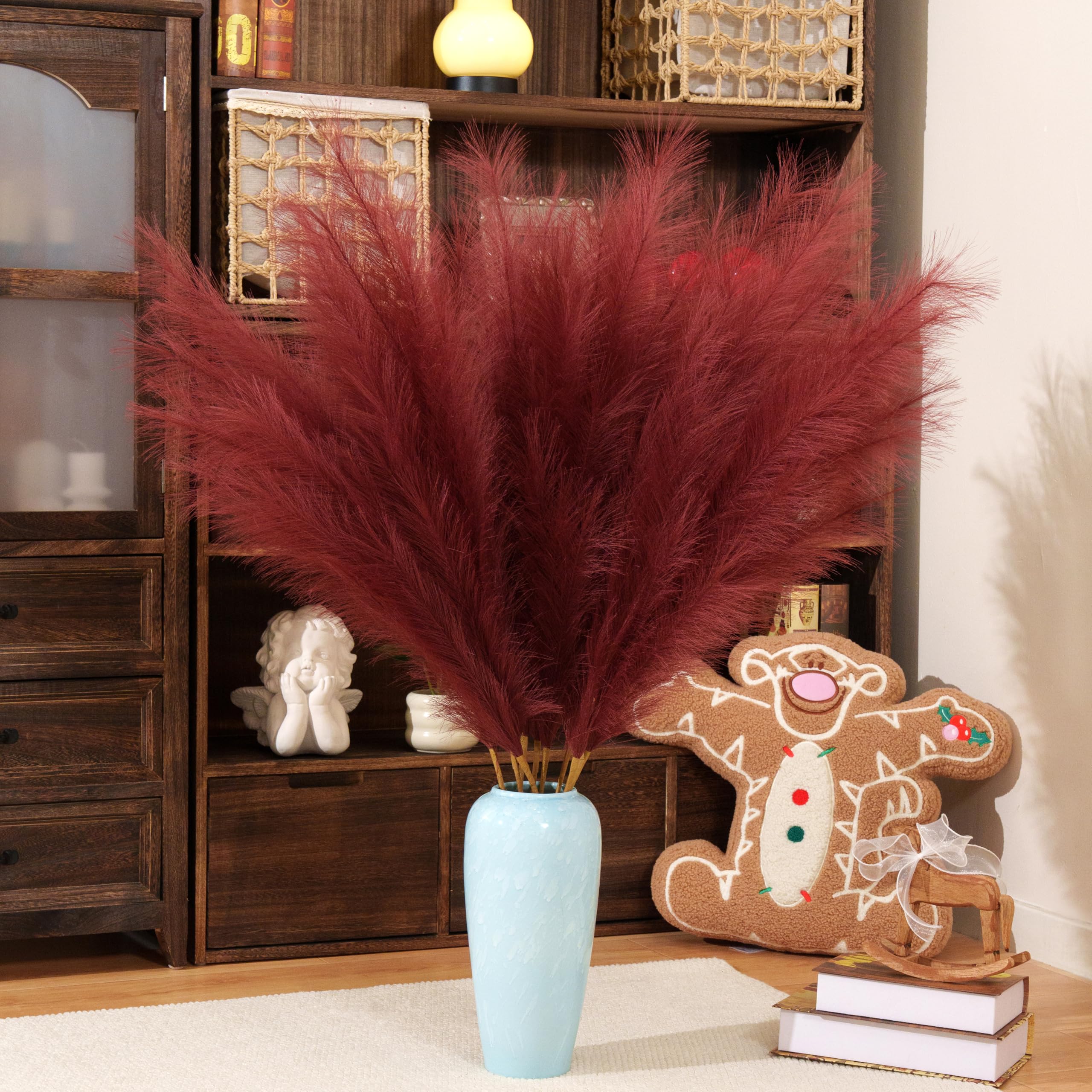 Pampas Grass Decor Tall,8pcs 43.3"/110cm Large Pampas Floral Fluffy,Long Feather Flowers for Boho Wedding Arangement Bedroom Living Room Decorations (burgundy red, 8pcs 43.3"/110cm)