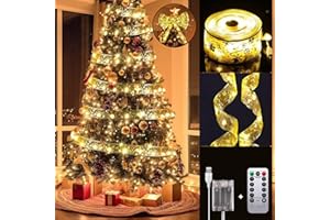 Lecone Christmas Tree Decorations, 2 Pack Christmas Ribbon Lights Total 40Ft 120LED Fairy Lights with 8 Modes & Timer, USB or Battery Operated Christmas Lights for Tree Indoor (Gold with Warm Light)