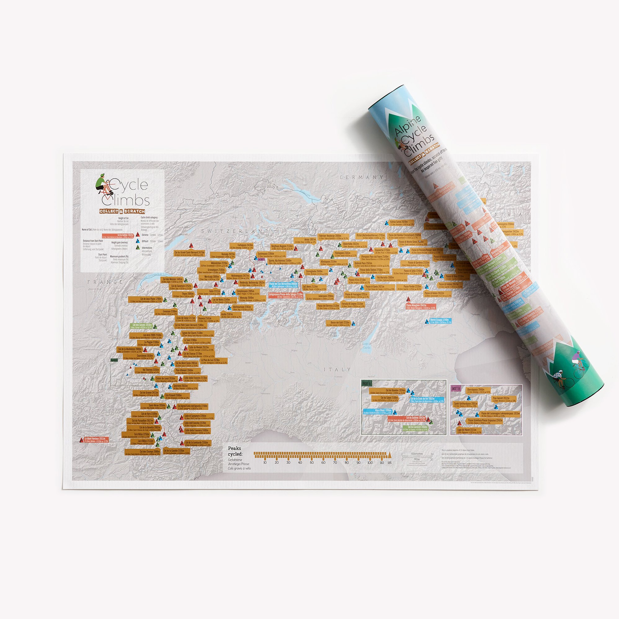 Scratch Off Alpine Cycling Print - Maps International - cycle gift poster - enthusiasts - alps peaks - gift tube - a2 sized 59.4 (h) x 42 (w) cm