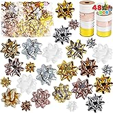 JOYIN 46PCS Christmas Bows and 2 Rolls of Ribbon Assortment, Multi-Colored Size Assort Self Adhesive Gift Bows and Curling Ribbons for Gift Wrapping, Birthday Wedding Xmas Presents Decoration