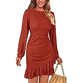 PRETTYGARDEN Women's Spring Fall Ruched Bodycon Mini Dress Long Puff Sleeve Ruffle Fitted Cocktail Party Dresses