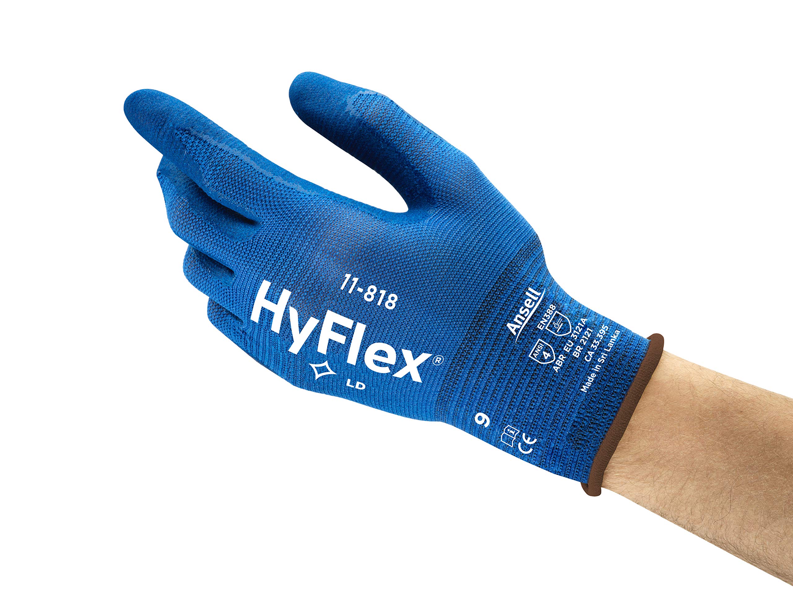 Ansell 11-818 HyFlex Nylon FORTIX Nitrile Foam Coating Work Gloves 4.1.2.1, Size Large, Blue