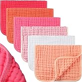 Hicarer 6 Count Muslin Burp Cloths Cotton Baby Burping Rags Large 20 x 10 Inch 6 Layers Spit up Rags Soft Absorbent Multicolor Wash Cloths Diapers for Newborn Baby Girl Boy(Pink Series)