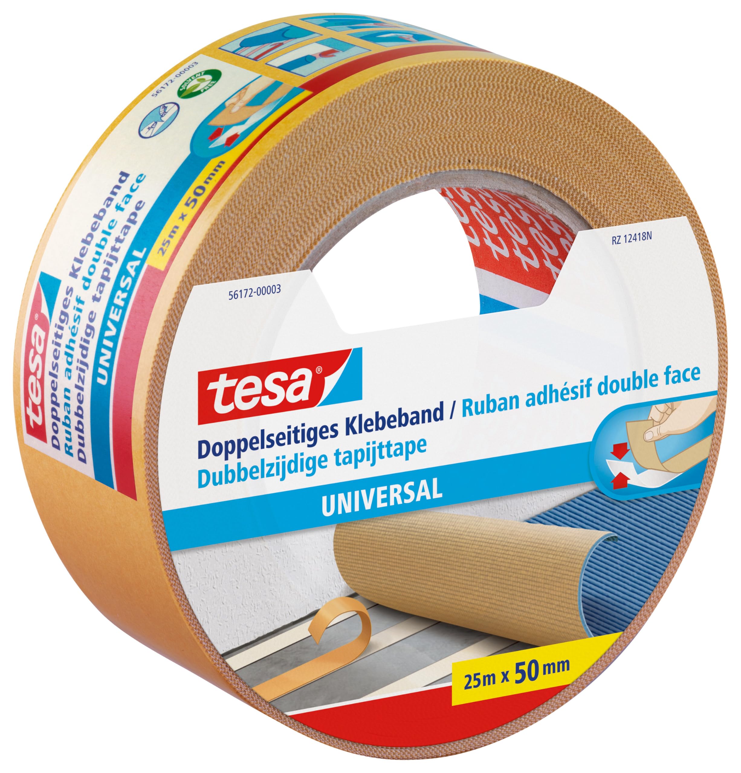 tesa Double-Sided Tape Universal - Versatile, Adhesive Tape for Carpet Fixation, Handicrafts and Home Decoration - 25 m x 50 mm
