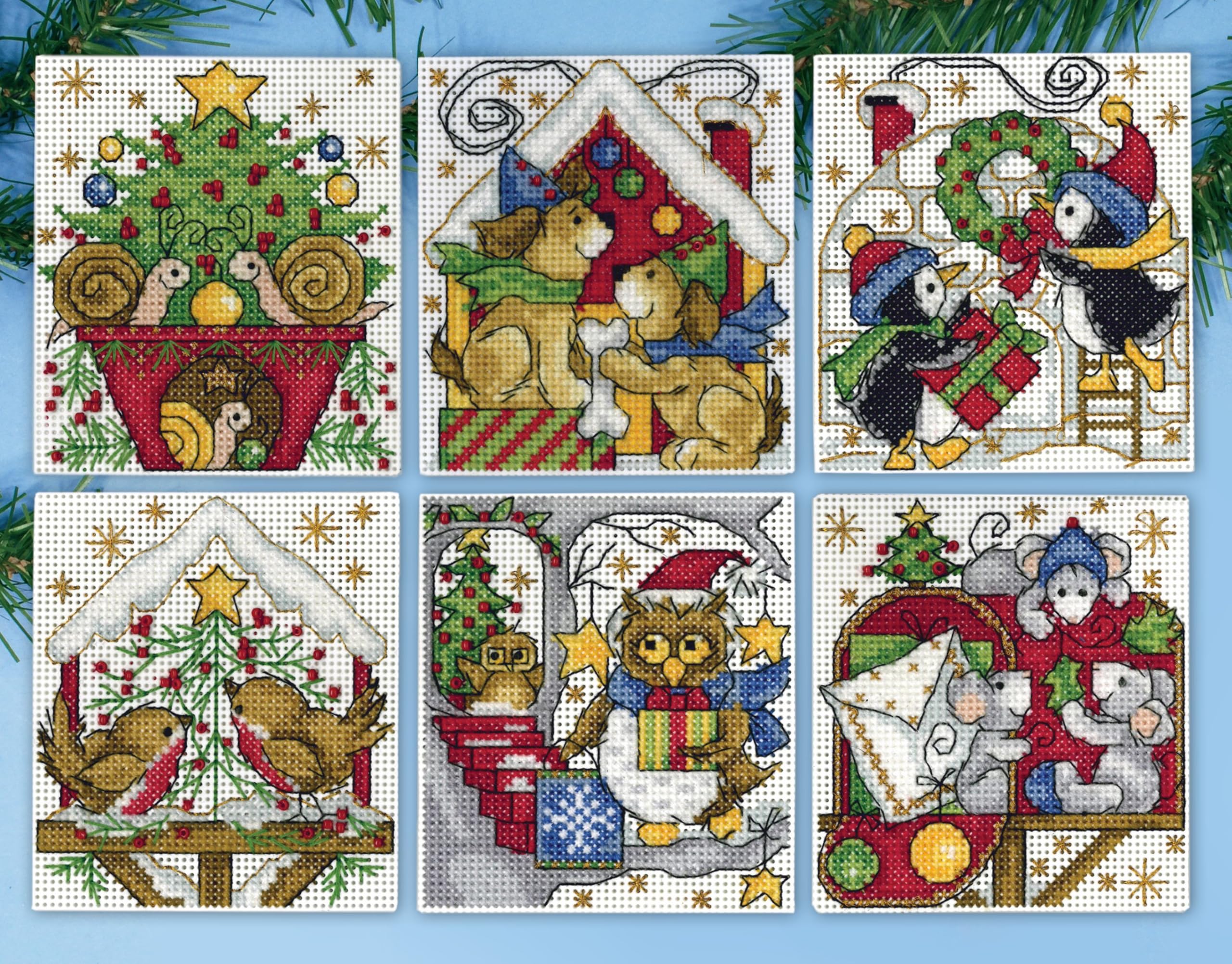 Design Works Home for Christmas Cross Stitch Ornament Kit, Cotton, 8.9 x 10.2 cm, 14 Pieces, 6 Pieces, 3-1/2" x 4"