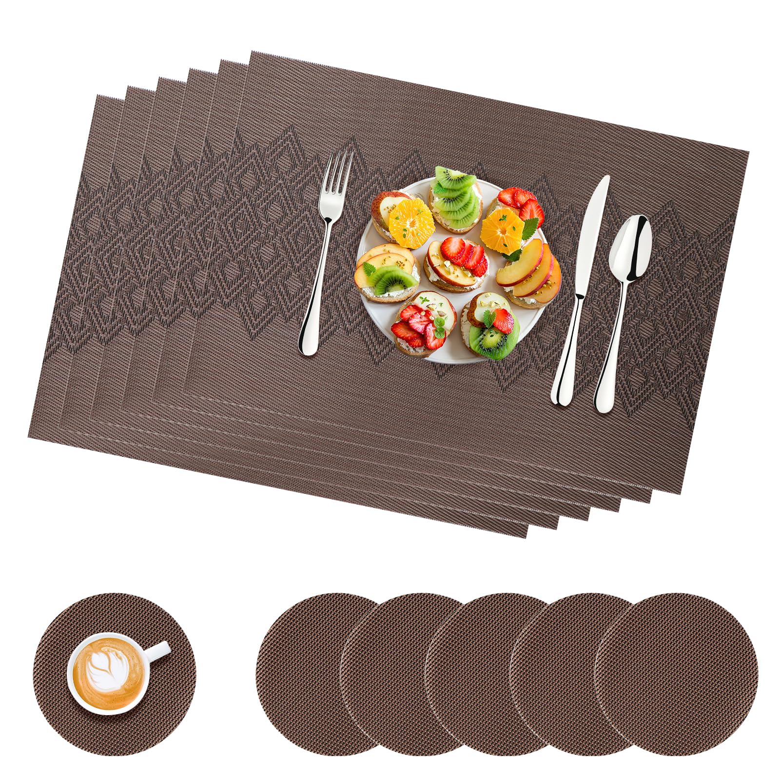 GIOVARA Placemats and Coasters Set of 6, Place Mats for Table 45 * 30 cm, Christmas Table Mats, Heat Resistant Dining Table Mats, Non-Slip for Kitchen Home Restaurant (Dark Brown)