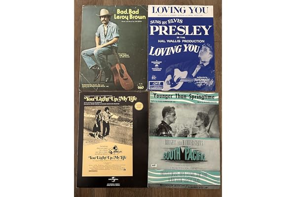 FOUR DIFFERENT VINTAGE THEATER and FILM SHEET MUSICS for Piano (at ONE GREAT price), BAD BAD LEROY BROWN Jim Croce 1970s hit song, LOVING YOU Elvis [KING OF ROCK] Presley early hit, YOUNGER THAN SPRINGTIME from SOUTH PACIFIC film, and YOU LIGHT UP MY LIFE from film same name; SET 122