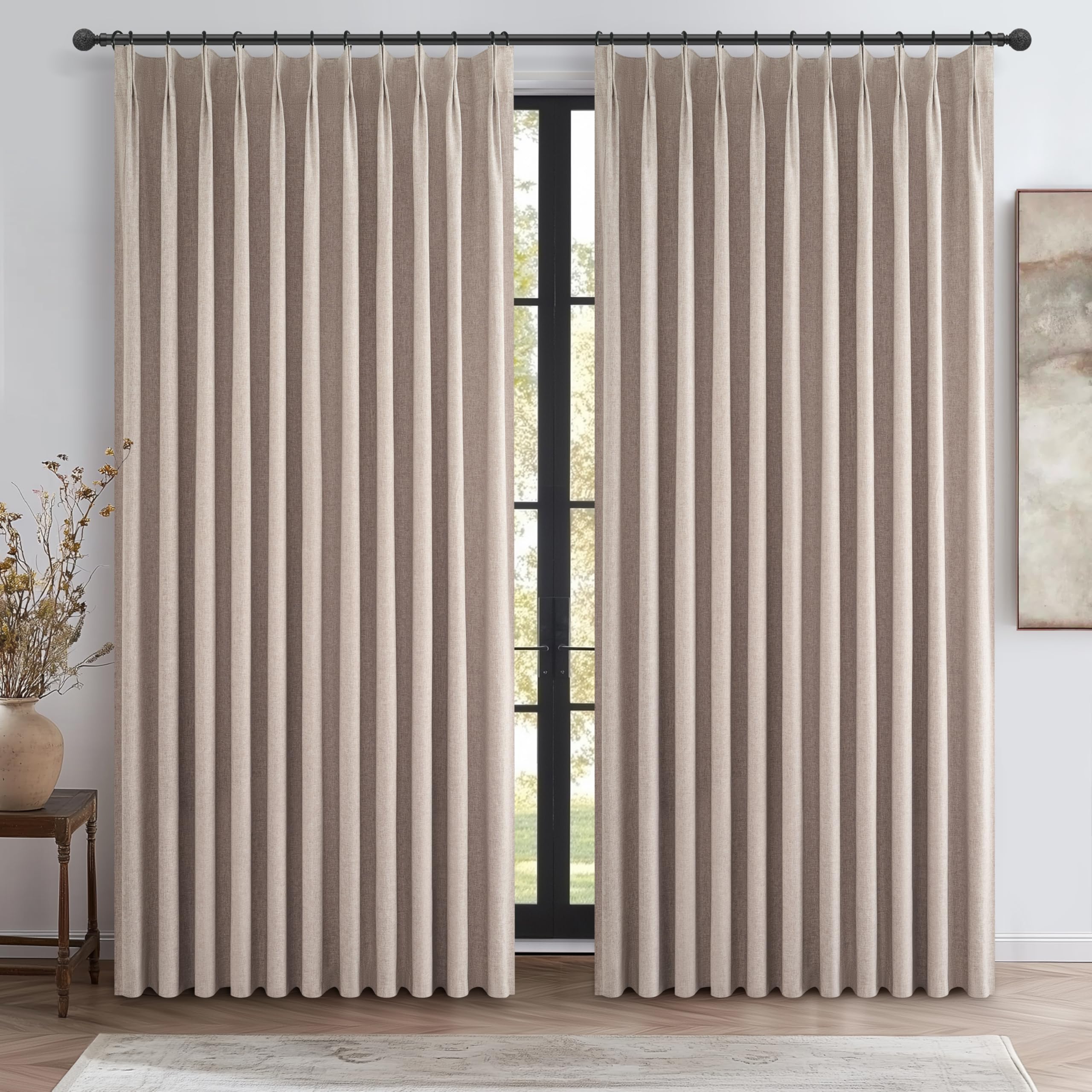 Photo 1 of Extra Wide Thick Burlap Blackout Patio Door Curtains for Sliding Glass Door 2 Panels Set, Farmhouse Boho Pinch Pleated Flax Linen Blend Energy Efficient Bedroom Window Large Drapes (70"Wx84"L)