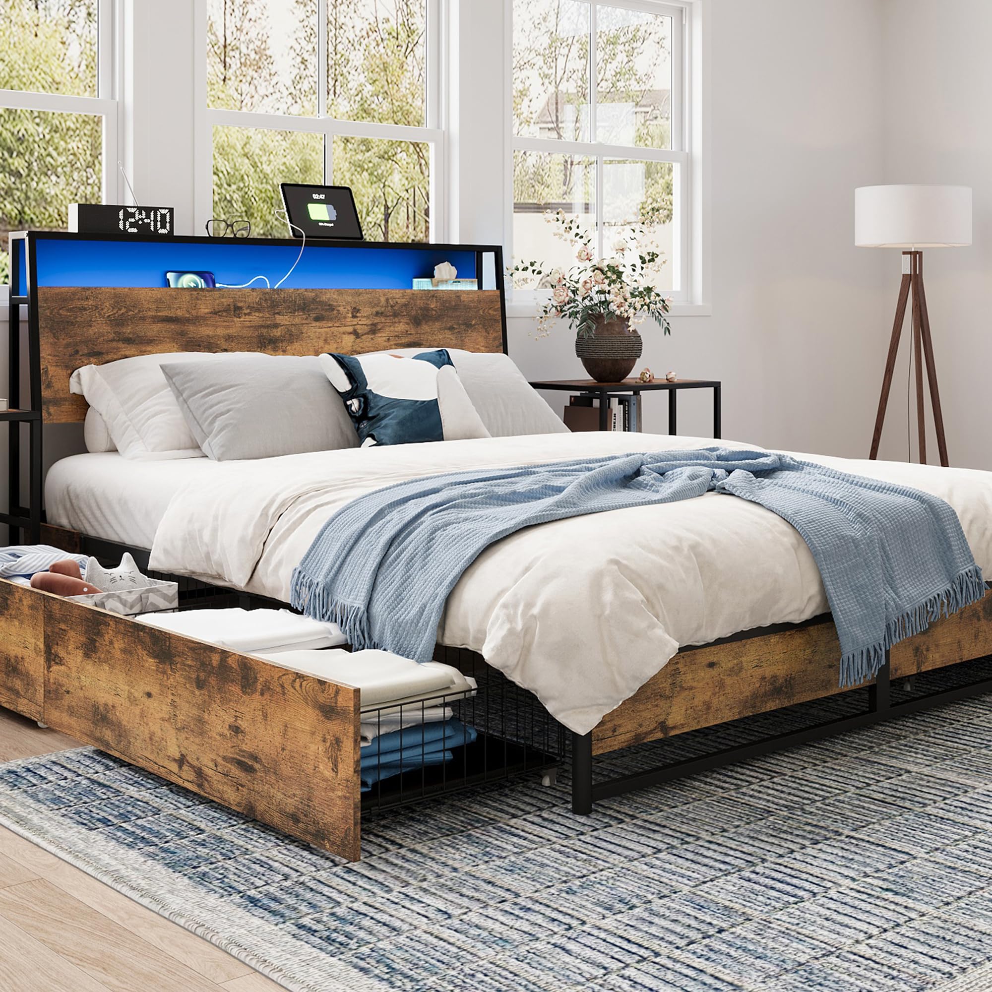 LINSY Full Bed Frame with Drawers, LED Bed Frame with Headboard and ...