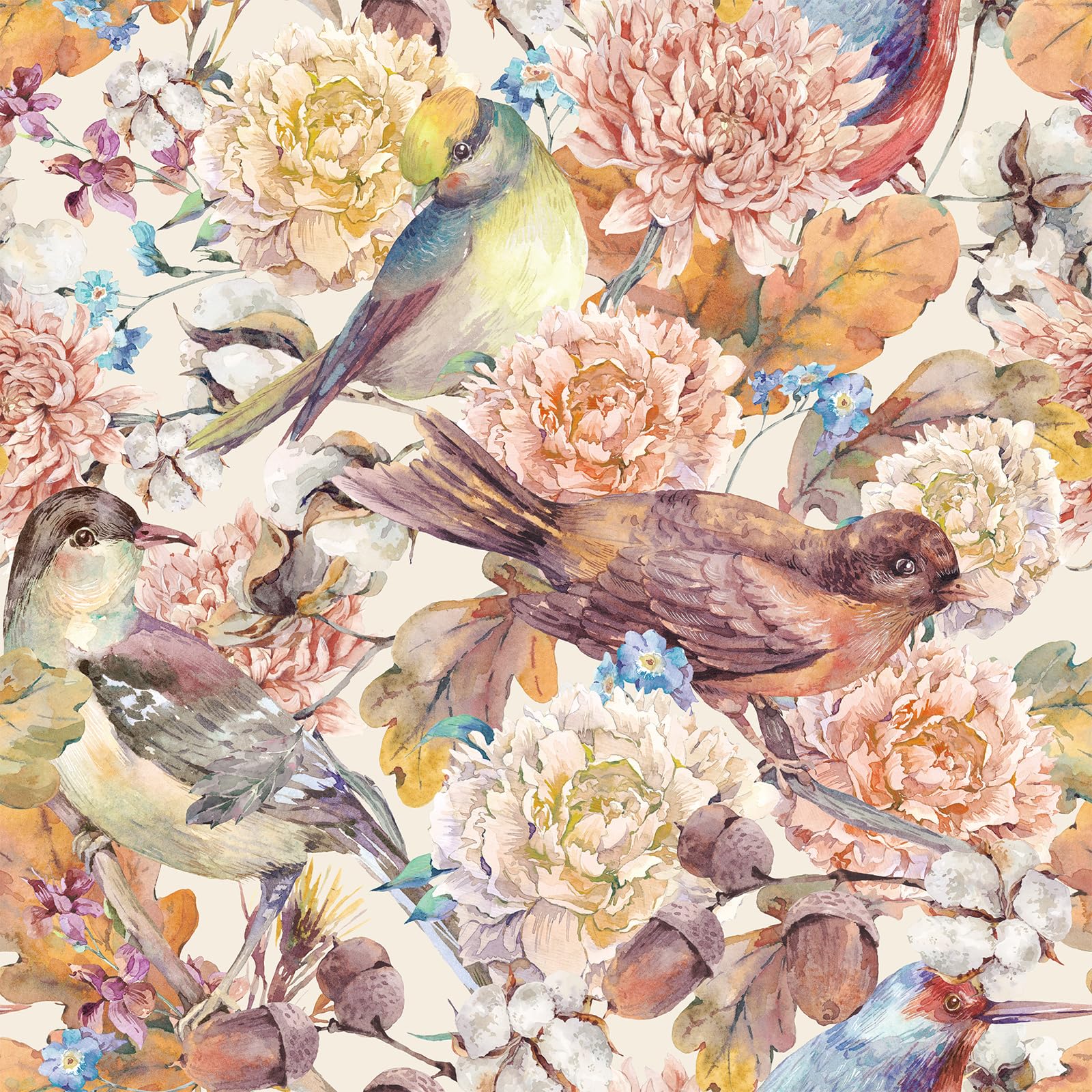 FunStick Bird Floral Vintage Peel and Stick Wallpaper for Bedroom Watercolour Beige Flower Wallpaper for Bathroom Sticky Back Wall Paper Roll Watercolour Cupboard Vinyl Wrap Floral and Birds 44.5CMx3M