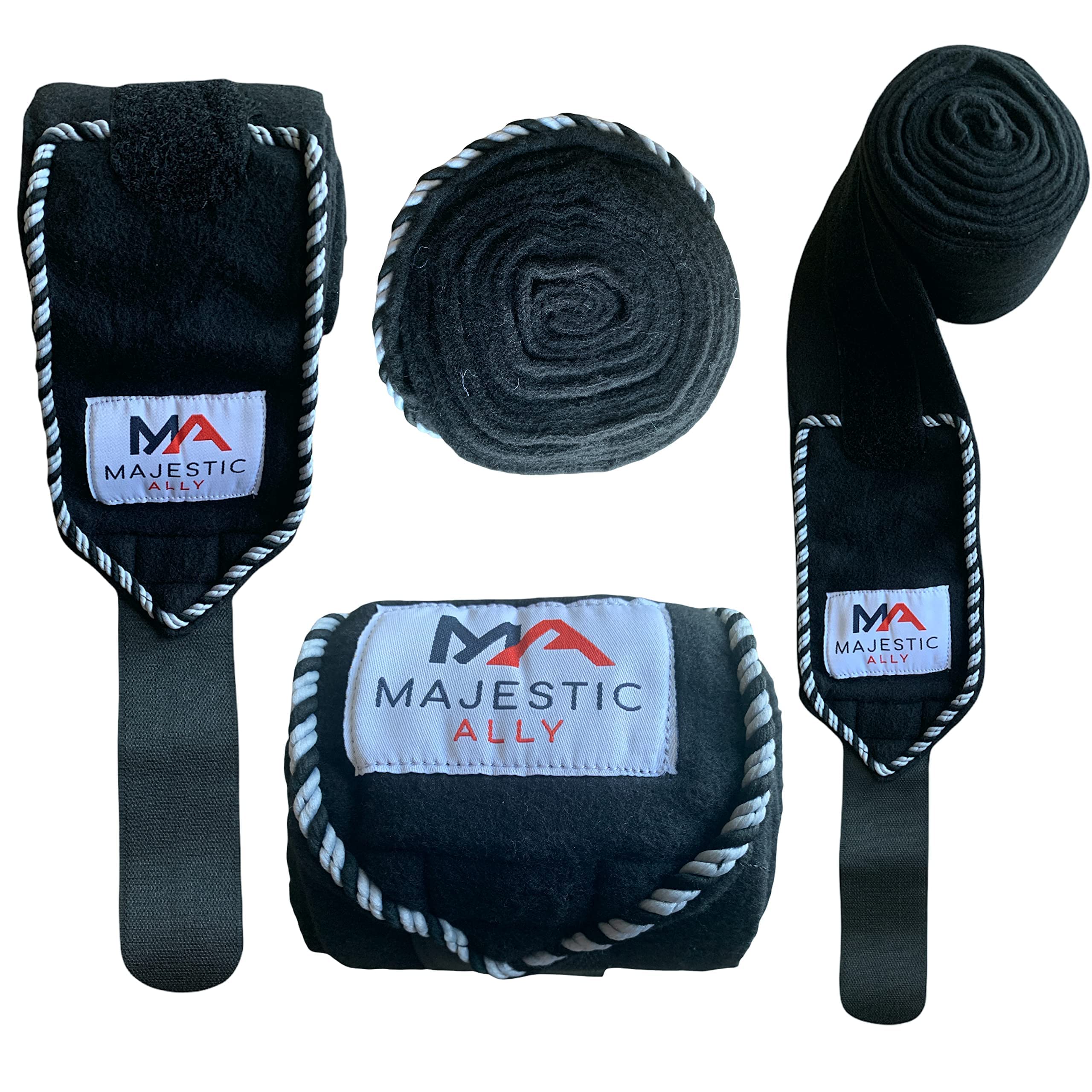 Majestic Ally Fleece Polo Leg Wraps with Braided Rope for Horses - Set of 4-5" X 10' (Black)