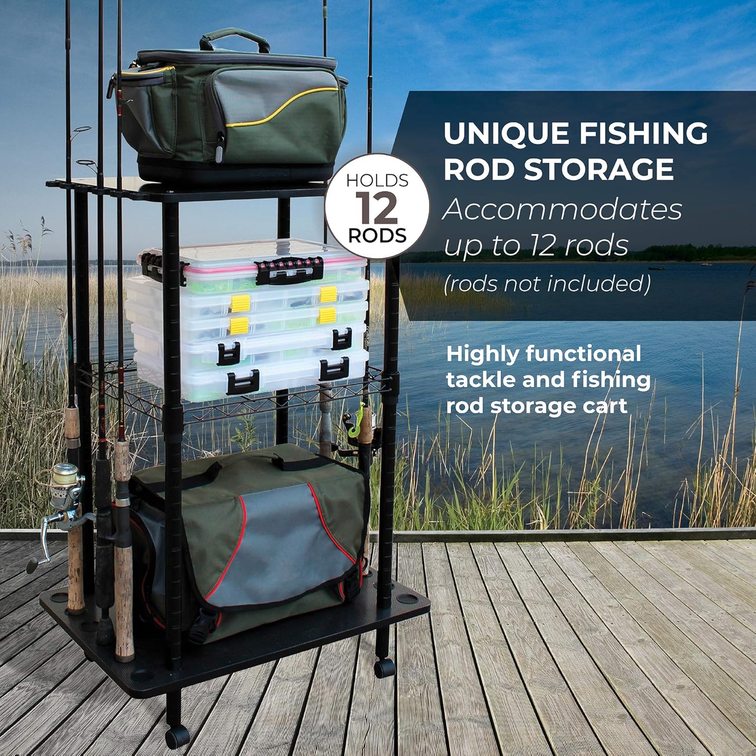 Rush Creek Creations 12 Fishing Rod Storage Tackle Cart - Durable Finish - 5 Minute Assembly : Sports & Outdoors