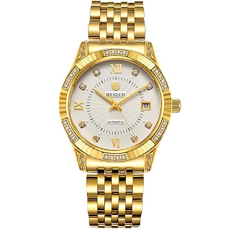 BINLUN Uhren Herren Luxus Armbanduhr,18 Karat vergoldet,mit Datumsanzeige,wasserdicht