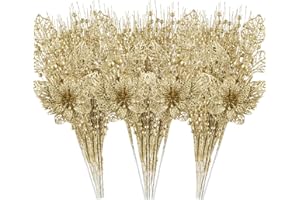 CRISTBEST 24 Pack Christmas Tree Ornaments - Artificial Flowers Glitter Berry Stems Christmas Floral Picks Branches for Xmas Tree Decorations Vase Filler Holiday Wedding Party Home Decor (Gold)