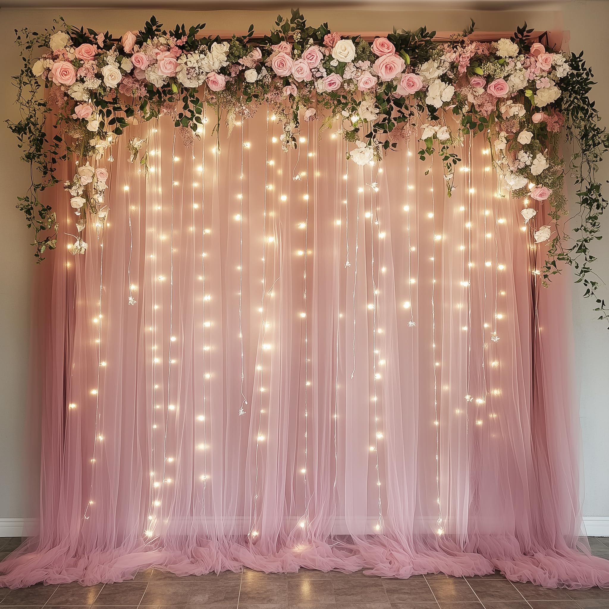 Photo 1 of Fomcet Dusty Rose Tulle Backdrop Curtains with Lights String 10FT X 10FT Sheer Curtains with Lights Tulle Curtain Backdrop for Wedding Birthday Party Photo Shoot (2 Panels 5x10FT)