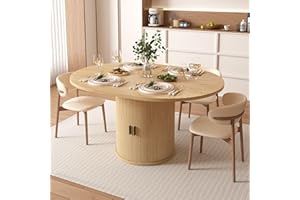 Vipbear Extendable Dining Table 43-59" for 4-6 People, Solid Wood Top with Fluted Slide Door & 8-Compartment Storage, Space Saving Dinner Furniture with Pedestal Base