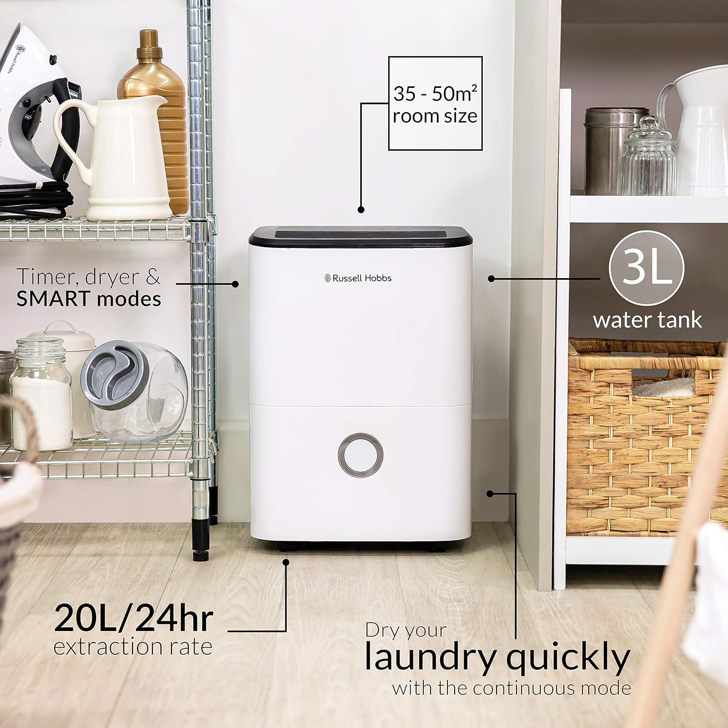 Russell Hobbs RHDH2002 20 Litre/Day Dehumidifier for Damp/Mould & Moisture in Home, Kitchen, Bedroom, Office, Caravan - Image 4