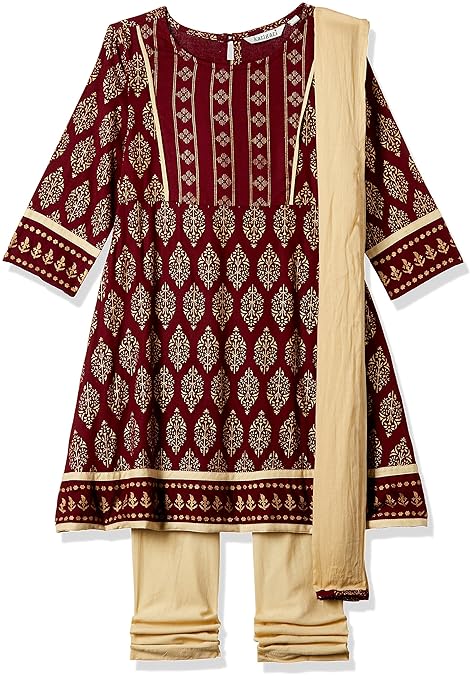 Girl's A-Line Regular Fit Cotton Salwar Suit Set(Colors & Print May Vary)