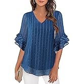 VALOLIA Womens Blouses 3/4 Sleeve Dressy Tops Business Casual Double Layers Shirts