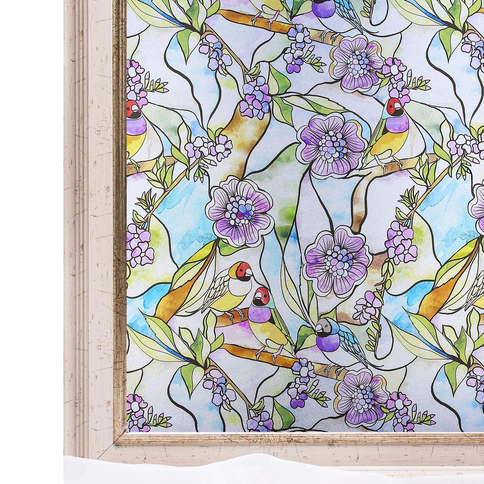 CottonColors Window Film Privacy Stained Glass Window Static Clings Vinyl Non-Adhesive Flower Parrot Decorative Window Coverings for Home Bathroom,90x200CM