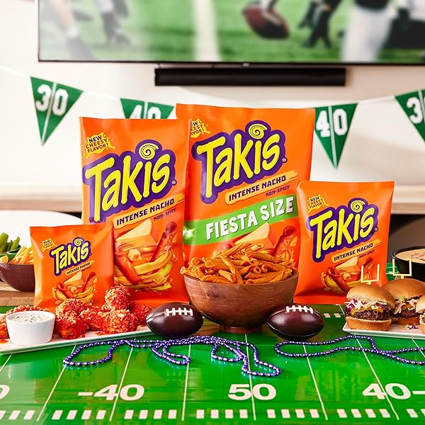 TAKIS INTENSE NACHO 17 OZ FIESTA SIZE BAG, CHEESE FLAVORED NON-SPICY CHEESY ROLLED TORTILLA CHIPS