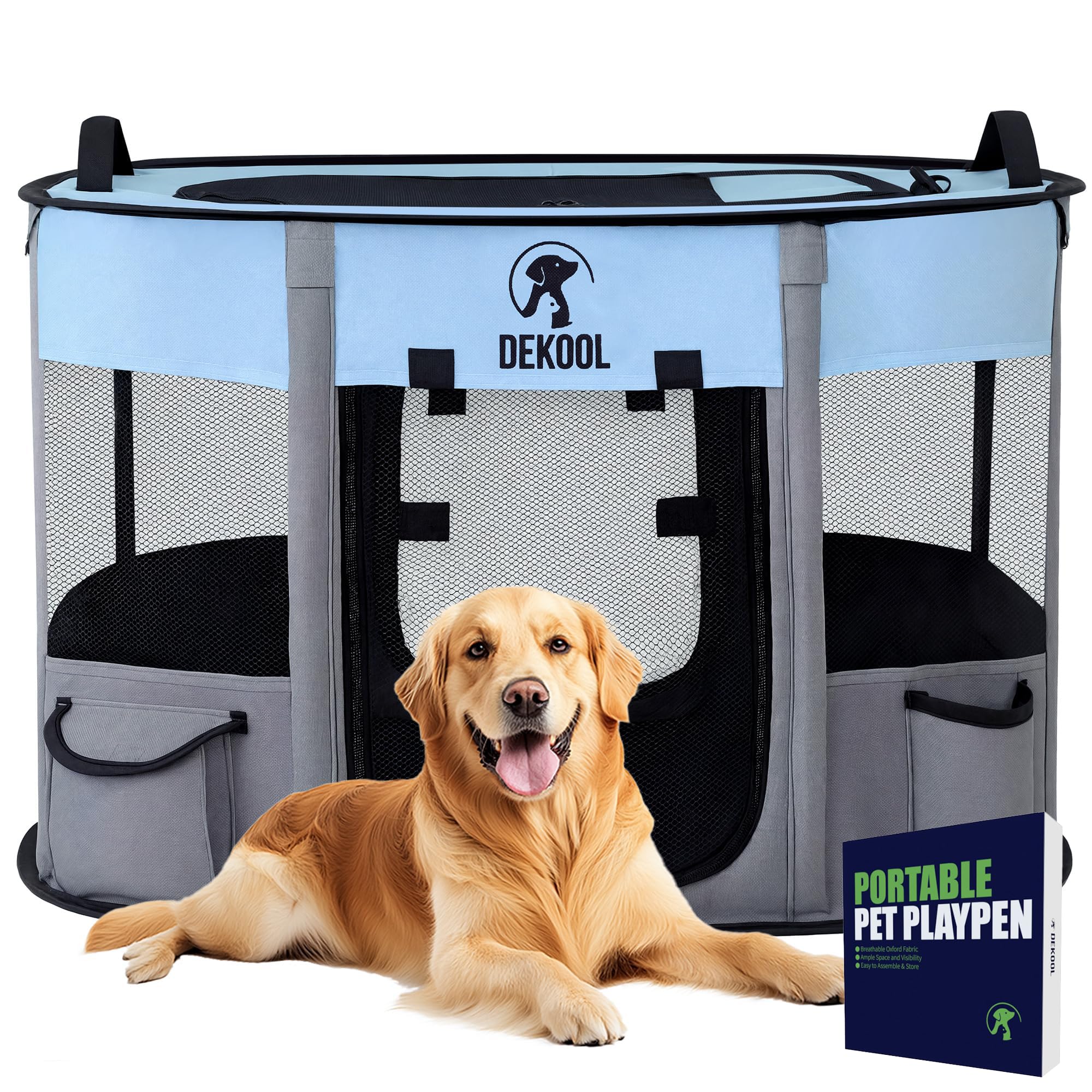 Photo 1 of Foldable Pet Dog Playpen, Portable Dog Crate for Puppies, Puppy Play Pen for Indoors, Kennel Crate for Outdoor Travel Camping Use with Carrying Case (Blue, L)