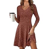 ANRABESS Women Long Sleeve Ribbed Knit Short Dresses 2026 Spring V Neck Casual Swing A Line Sweater Dress