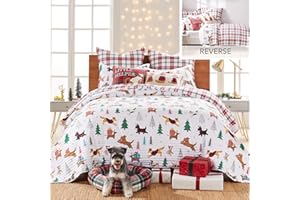 Levtex Home Merry & Bright Collection - Jingle Paws Quilt Set - Full/Queen Holiday Quilt 86x86 and Two Standard Shams 20x26 - Christmas Dogs - Red, Green and White - Reversible - Polyester