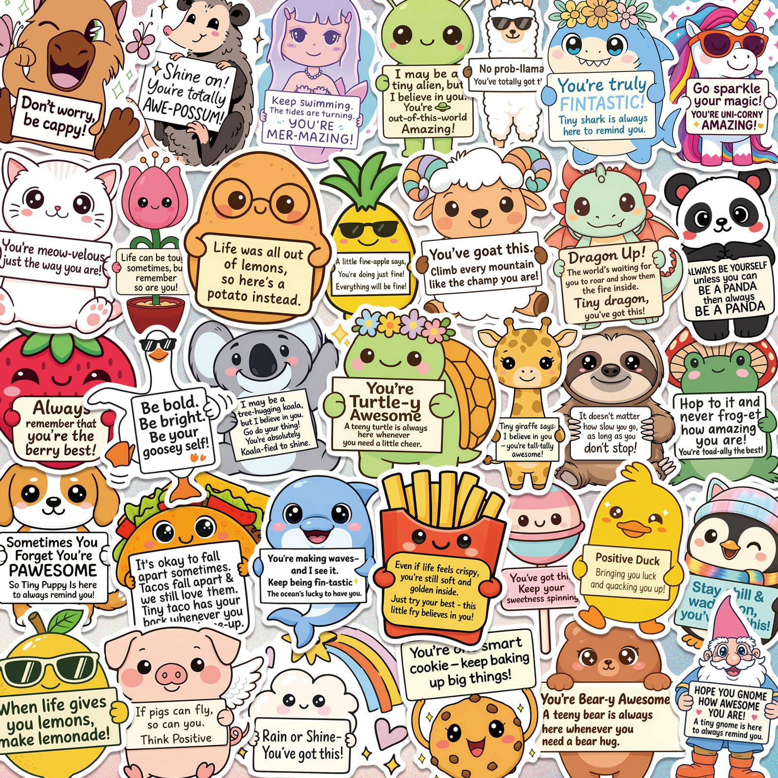 120PCS Positive Affirmation Stickers – Cute Animal & Food Pun Vinyl Decals, Waterproof Funny Motivational Stickers for Water Bottles, Phones, Laptops, Journals, Scrapbooks, No Duplicates (2.8–3 Inch)