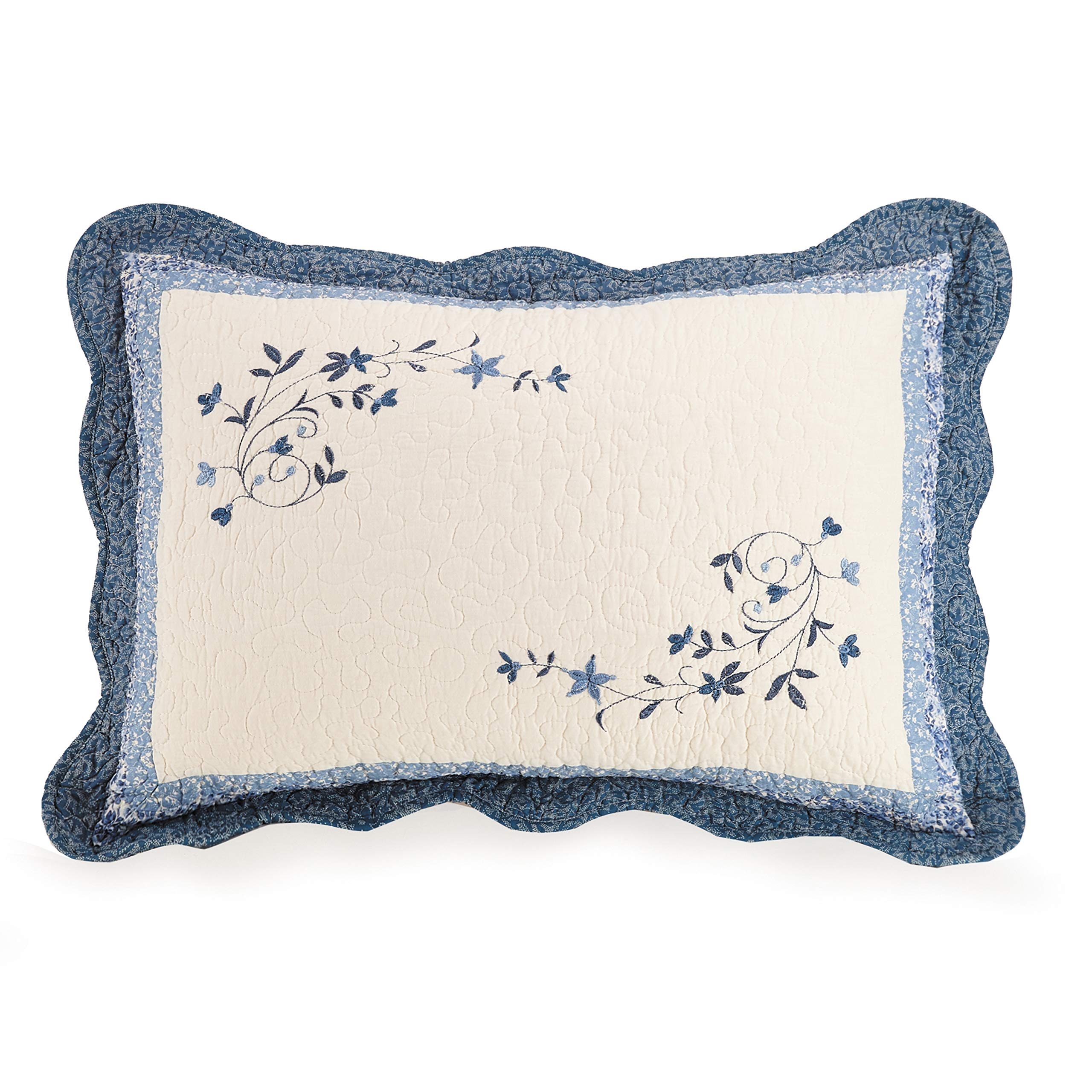 MODERN HEIRLOOM Blue Floral Embroidered Quilted Single Pillow Sham - Lightweight Breathable All Seasons Bedding, King Size