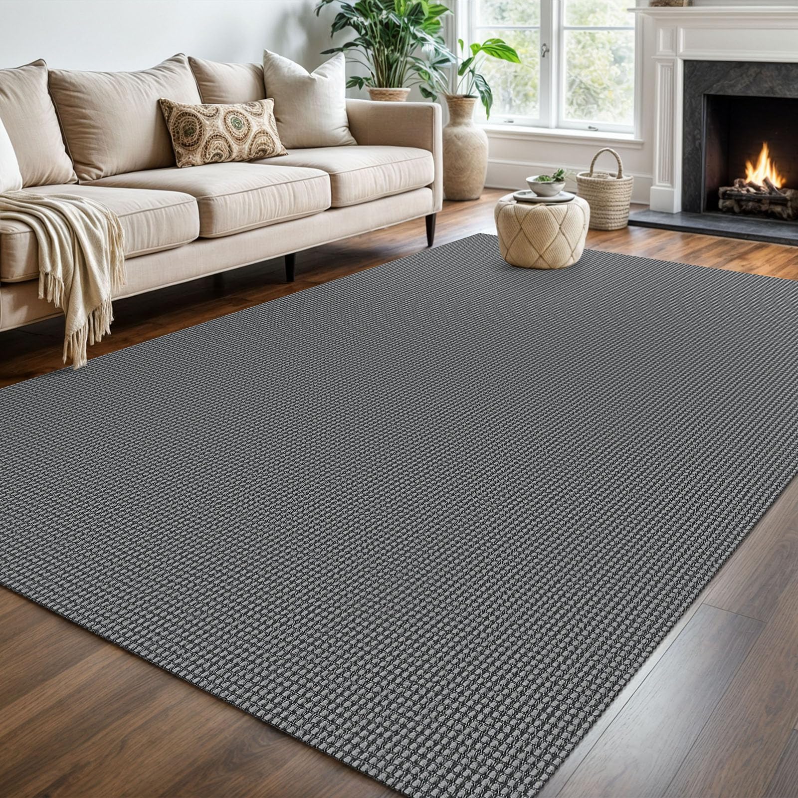 Photo 1 of KOZYFLY Washable Area Rug 6x9 ft Rubber Backed Non Slip Rugs for Living Room Braided Cotton Bedroom Rug Woven Office Rugs Indoor Floor Carpets for Dining Bedroom Living Room, Grey/Dark Grey
