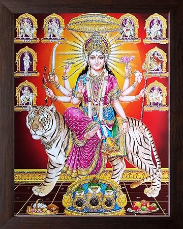 Art n Store: Goddess Durga/Ambe/Sherawali Maa in his 9 Form, Religious & Decor Picture with Plane Brown Frame (30 X 23 X 1.5 cm_ Brown Wood)