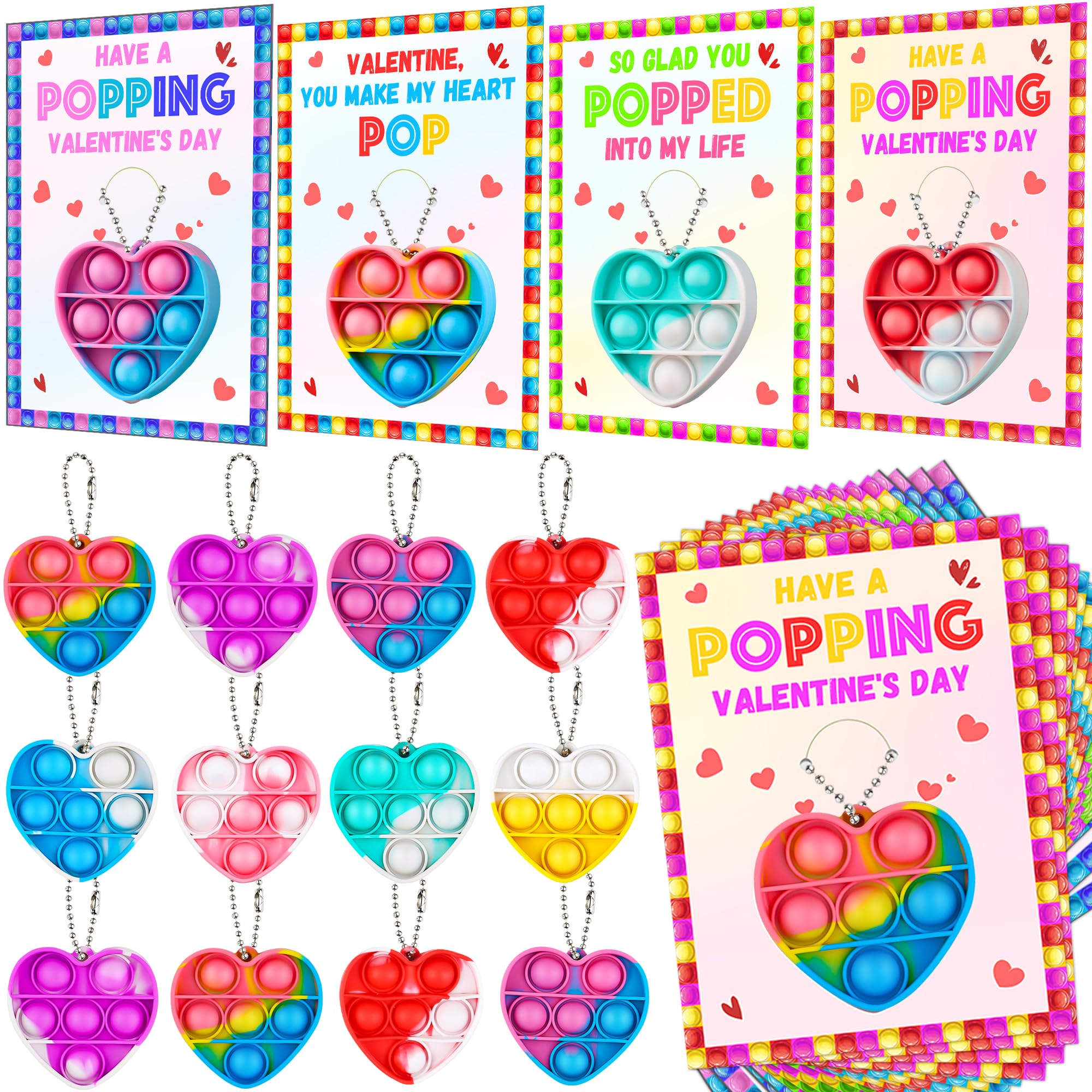 Photo 1 of 24 Pack Kids Valentines Day Cards with Mini Pop Fidget Keychain Valentines Day Gifts for Kids School Classroom, Valentines for Kid Class Valentines Exchange Cards Party Favors Classroom Exchange Gift