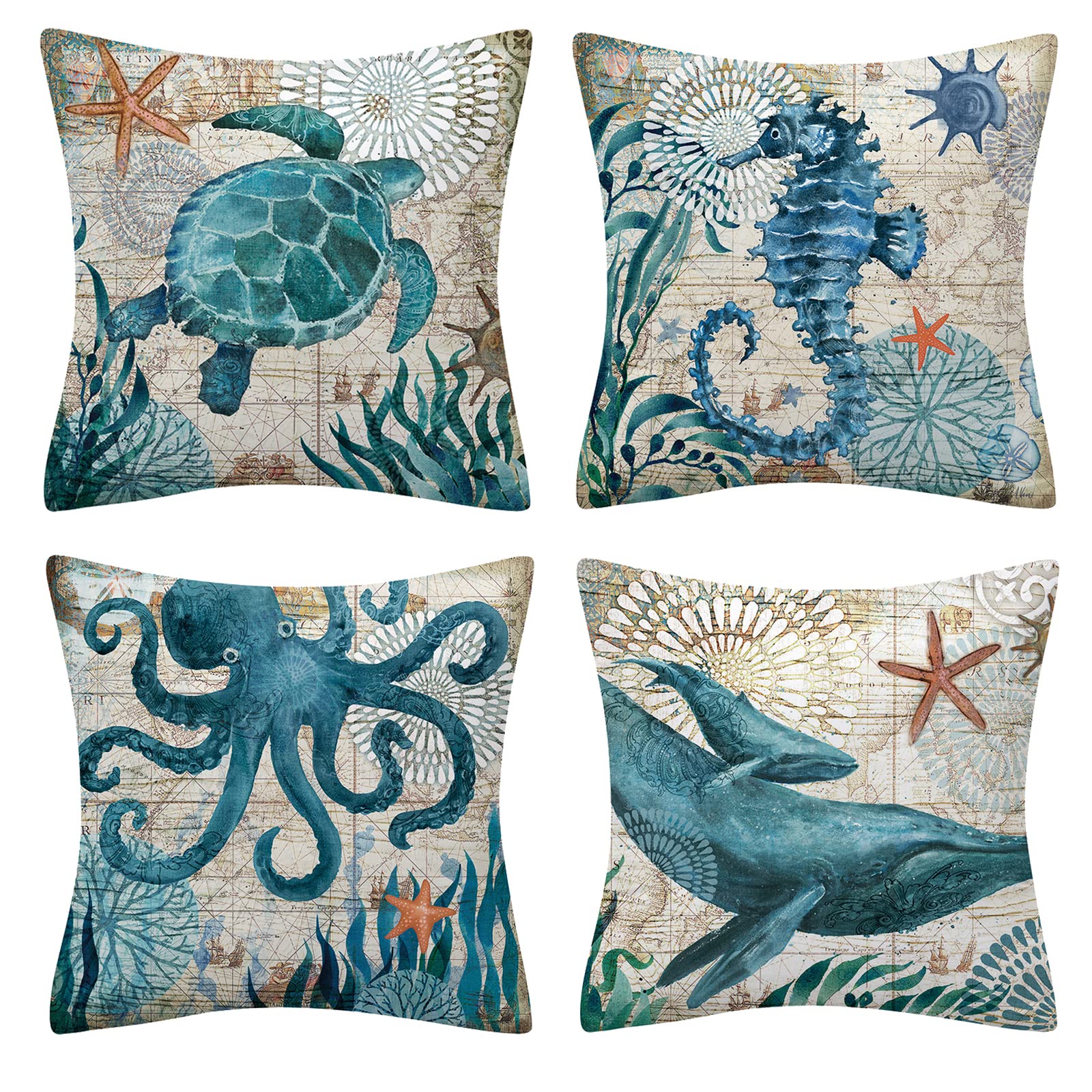 OCEUMACO Linen Cushion Covers 45 x 45 cm for Sofa Garden Set of 4 Vintage Sea Life Throw Pillow Cases 18x18 Inches Outdoor Decorative Ocean Animal Print Pillowcases Cushions Cover - Teal Blue