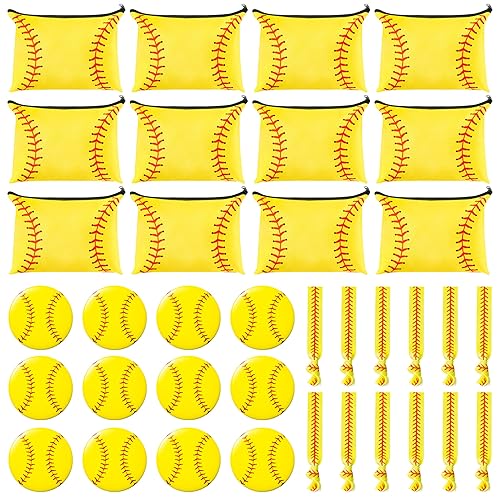 COcnny 36pcs Softball Gifts Set with Makeup Bag Compact Mirror Hair Tie, Softball Team Stuff Portable Toiletry Pouch Cosmetic Bag Elastic Hair Scrunchies for Women Girl Gift Sport Party Favor Supplies