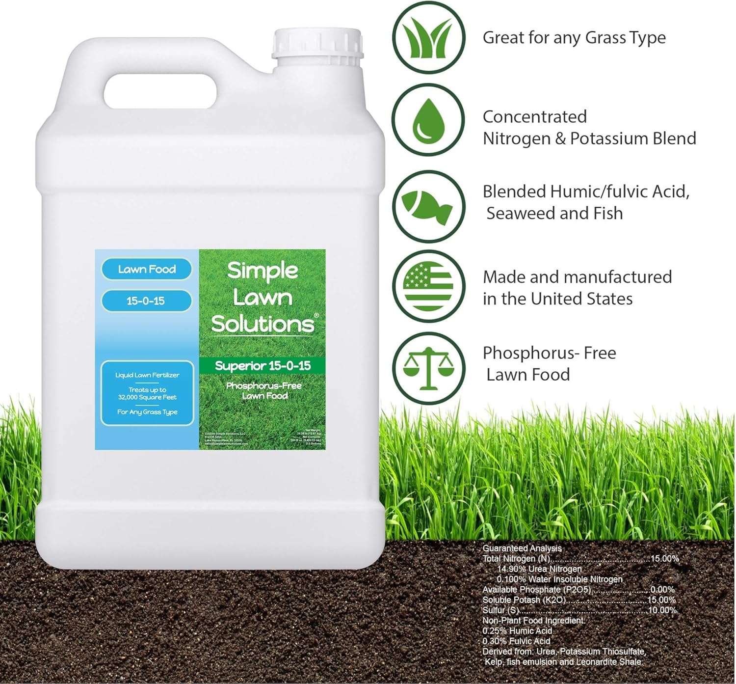 Superior Nitrogen Potash 15 0 15 Npk Lawn Food Quality Liquid Fertilizer Concentrated Spray Any Grass Type Simple Lawn Solutions Green Grow Health Strength Phosphorus Free 2 5 Gallons Garden Outdoor Amazon Com