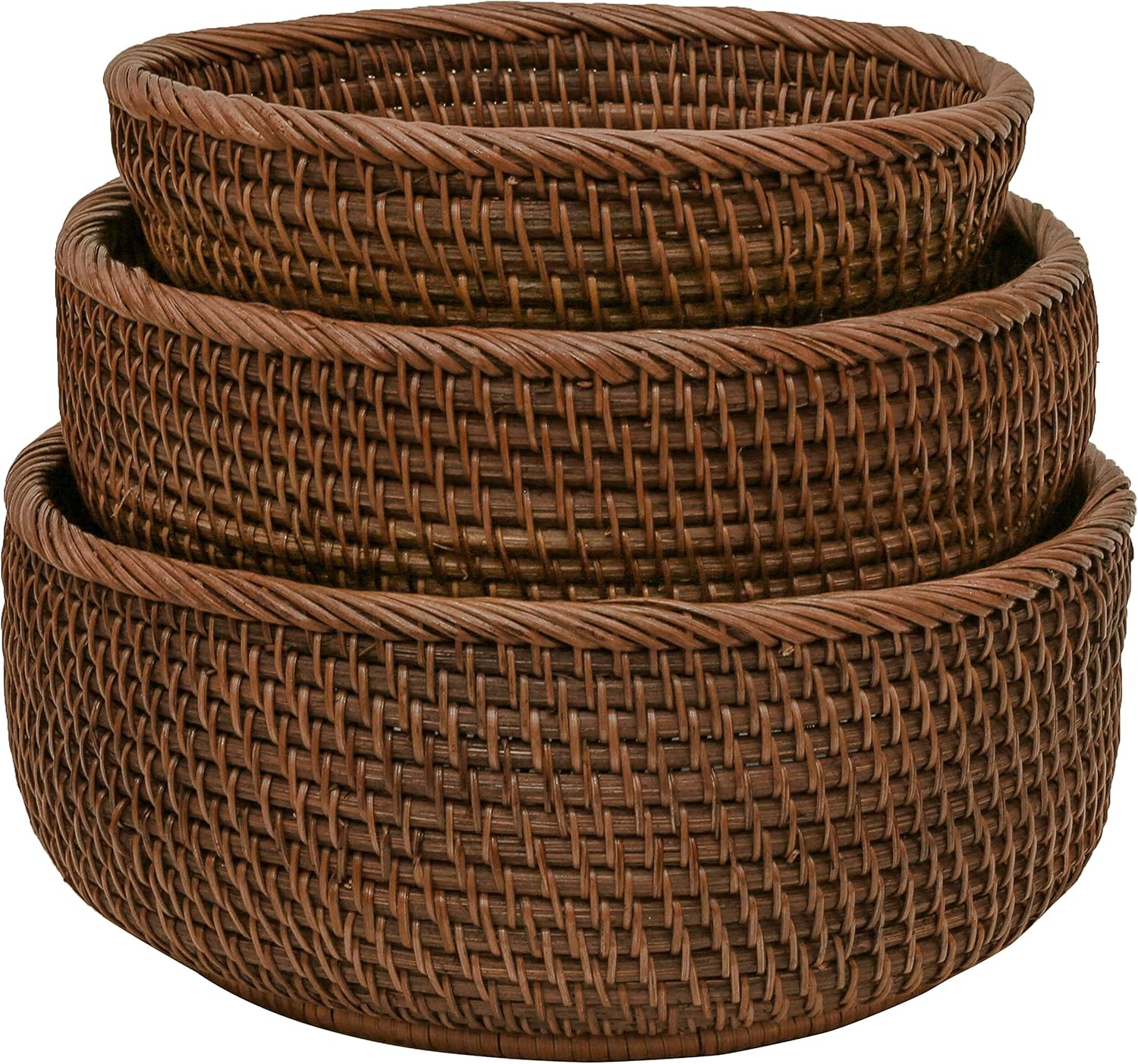 Round Wicker Baskets Handwoven Fruit And Vegetable Storage For Serving Potatoes Onions Bread Rattan Decor Basket Stackable Set 3 Fruit Holder For Kitchen Countertop Organizing Bathroom (Dark Brown)