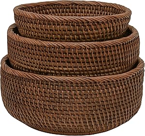 Round Wicker Baskets Handwoven Fruit And Vegetable Storage For Serving Potatoes Onions Bread Rattan Decor Basket Stackable Set 3 Fruit Holder For Kitchen Countertop Organizing Bathroom (Dark Brown)