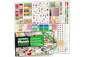 Vladi Creative Cute Colorful Planner Stickers – 1054 pcs / 15 Sheets – Functional & Decorative Icons, Dates, Weather, Flags – Writable Tabs for Bullet Journals, Calendars – Planner Accessories