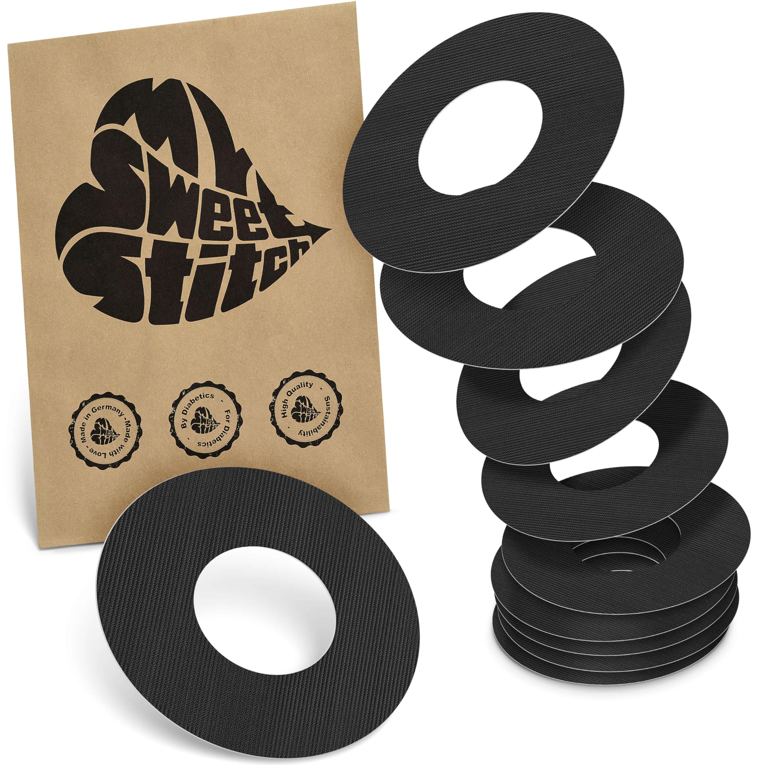 MySweetStitch - 10 x Freestyle Libre 1 & 2 Patches, Ring Patch Ø 65mm, Inner Ø 28mm, Waterproof, Breathable, Skin-Friendly, Made in Germany, Black