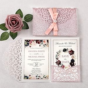 Doris Home 4.7 x7 inch 25PCS Blank Glitter Rose Gold Wedding Invitations Kits Laser Cut Hollow Rose Pocket Wedding Invitation Cards with Envelopes for Wedding Bridal Shower Engagement Invite