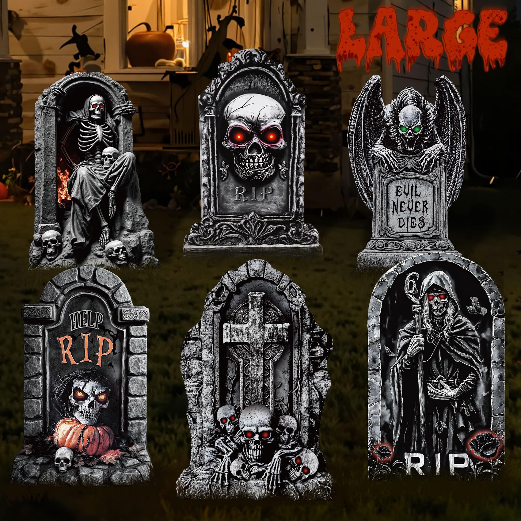 Photo 1 of Roberly 25" Tombstones Halloween Outdoor Decor, 6 Pack Large Graveyard Decorations for Halloween Scary Gravestones Yard Signs with Stakes Waterproof for Haunted House Party Garden Lawn